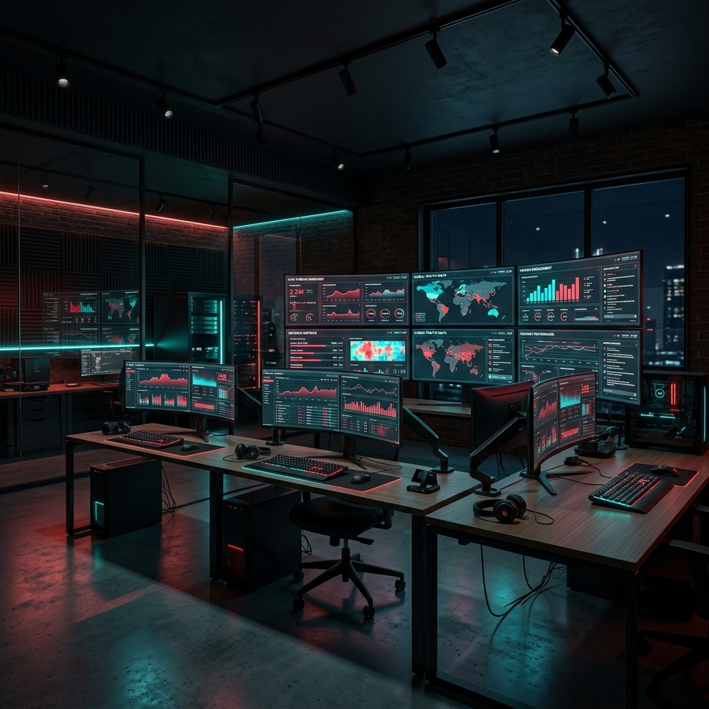 Dark agency control room with multiple monitors displaying live stream analytics dashboards